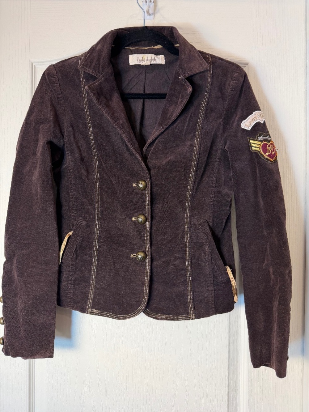 Lady Dutch High Society Brown Velvet Blazer S Beaded Crest Military Y2K Fall Jac